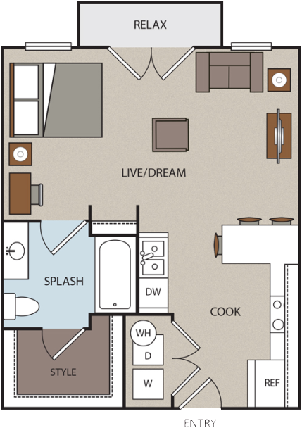 aerial view of the floor plan for a studio apartment at prado