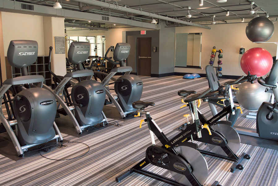 fitness room at prado student living apartments