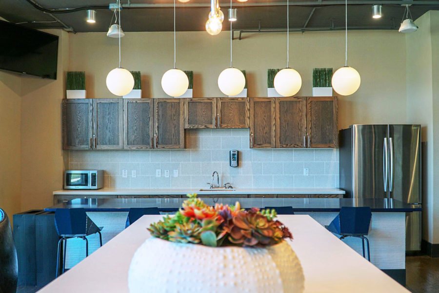 community kitchen area at prado student living apartments