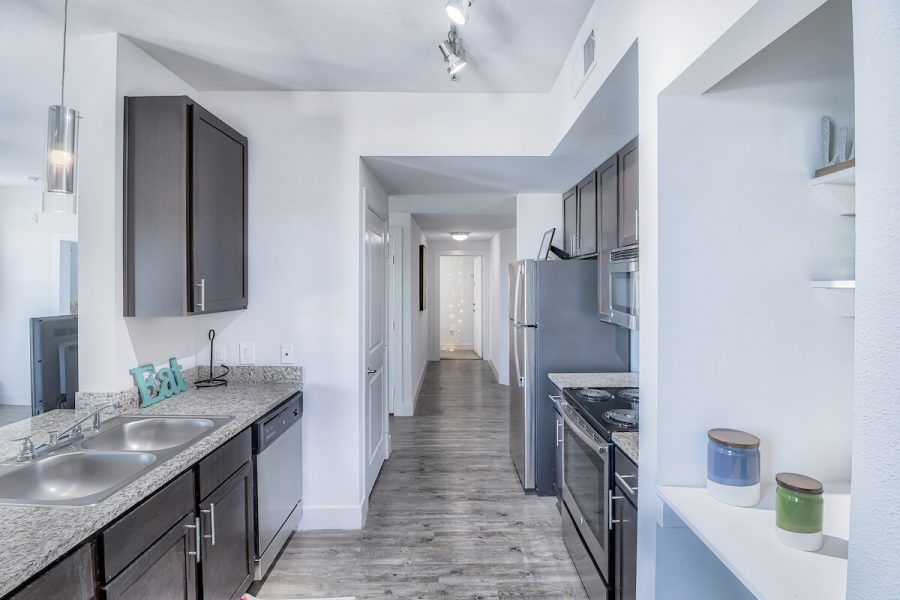 kitchen area at prado student living apartments